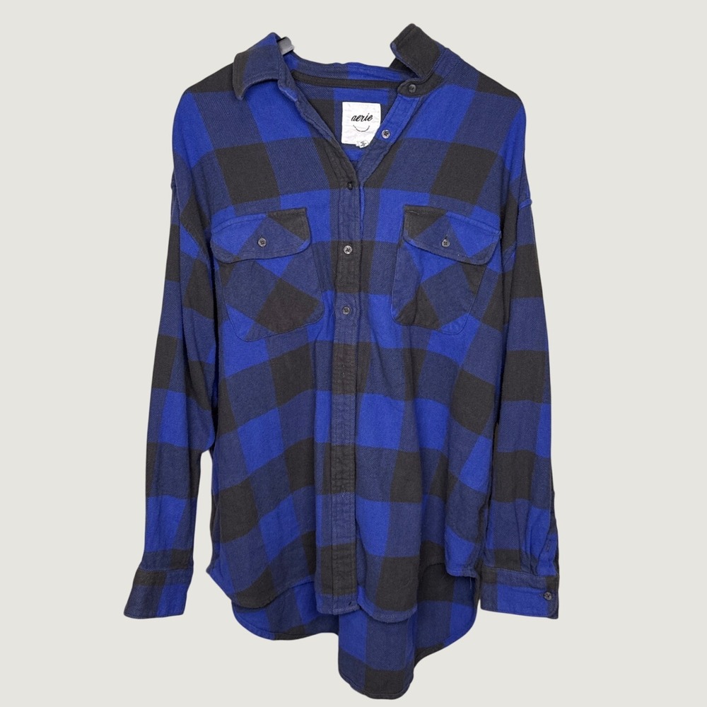 Aerie Womens Blue Black Buffalo Check Flannel Button Down Shirt Medium Oversized